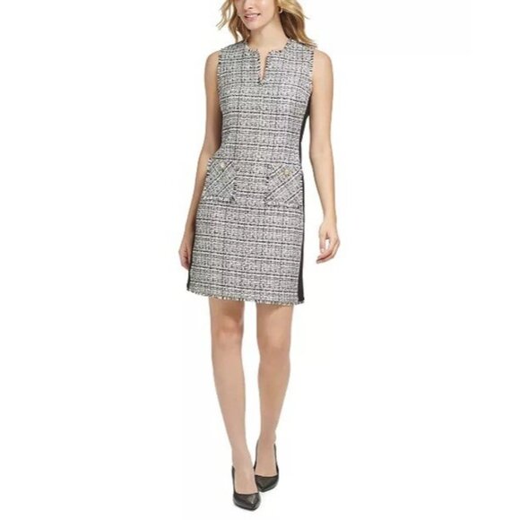 Karl Lagerfeld Dress Size 6 Black White Tweed Pearl Button Sheath Dress Career - Picture 1 of 11